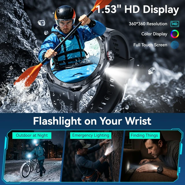 Alt view image 7 of 7 - 1.53" Military Smart Watch for Men with LED Flashlight & Bluetooth Calls Fitness Tracker, Body Composition Metrics, Fatigue Analysis, 100+ Sports Modes 24/7 Heart Rate/SpO2 Monitor, Sleep Tracker