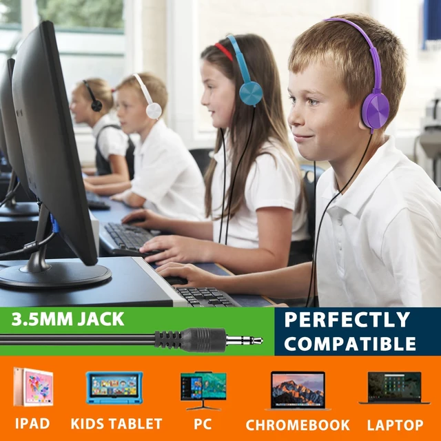 Alt view image 6 of 7 - 50 Pack Kids Wired Swivel Ear Headphones Bulk for K-12 Classroom Individually wrapped Durable, comfortable stackable for easy storage. class set for students