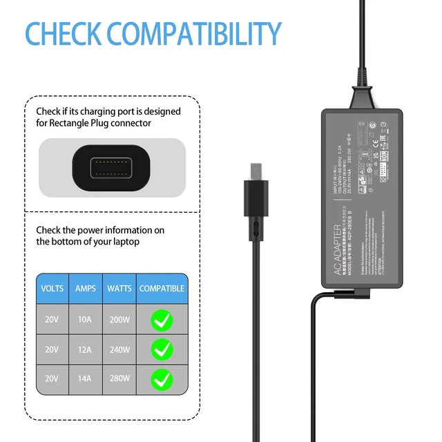 Alt view image 3 of 7 - 280W Charger Fit for ASUS ROG Strix G16 & G18 20V 14A AC Power Adapter Compatible with ASUS ROG Strix G18 G815/G815L/G815LP and G16(2025) G615/G615L/G615LR G615JM laptops