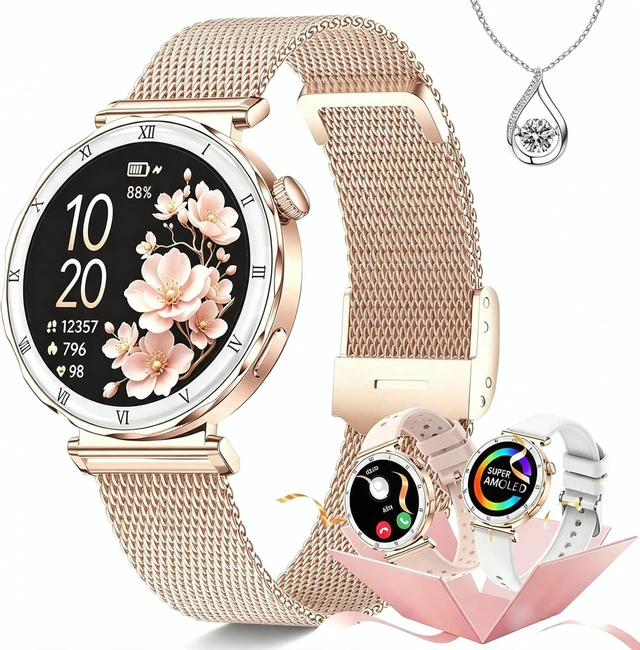 Main image of Smart Watch for Women, 1.19" AMOLED Display, Fitness Tracker, iOS/Android Bluetooth Call & Answer,130+Sports Modes with Heart Rate/Sleep Monitor,3ATM Waterproof with 3 Bands, Round rose gold Watch