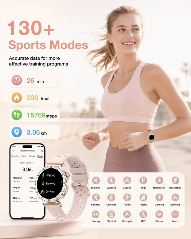 Alt view image 4 of 7 - Smart Watch for Women, 1.19" AMOLED Display, Fitness Tracker, iOS/Android Bluetooth Call & Answer,130+Sports Modes with Heart Rate/Sleep Monitor,3ATM Waterproof with 3 Bands, Round rose gold Watch