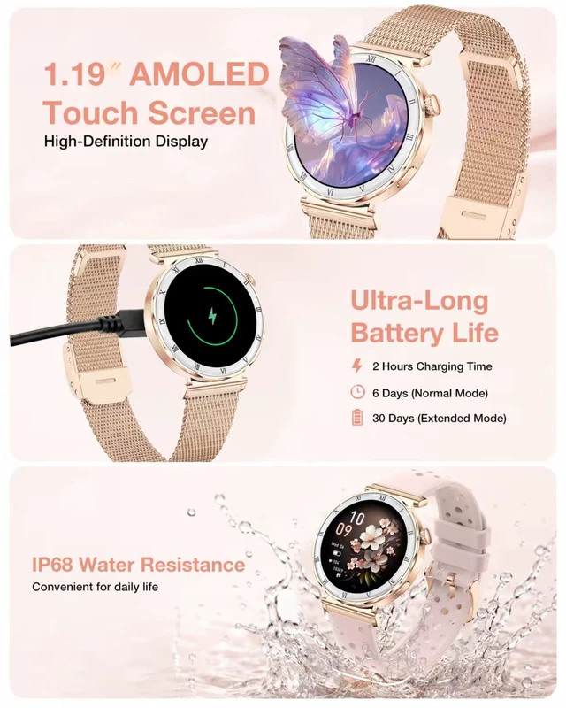 Alt view image 3 of 7 - Smart Watch for Women, 1.19" AMOLED Display, Fitness Tracker, iOS/Android Bluetooth Call & Answer,130+Sports Modes with Heart Rate/Sleep Monitor,3ATM Waterproof with 3 Bands, Round rose gold Watch