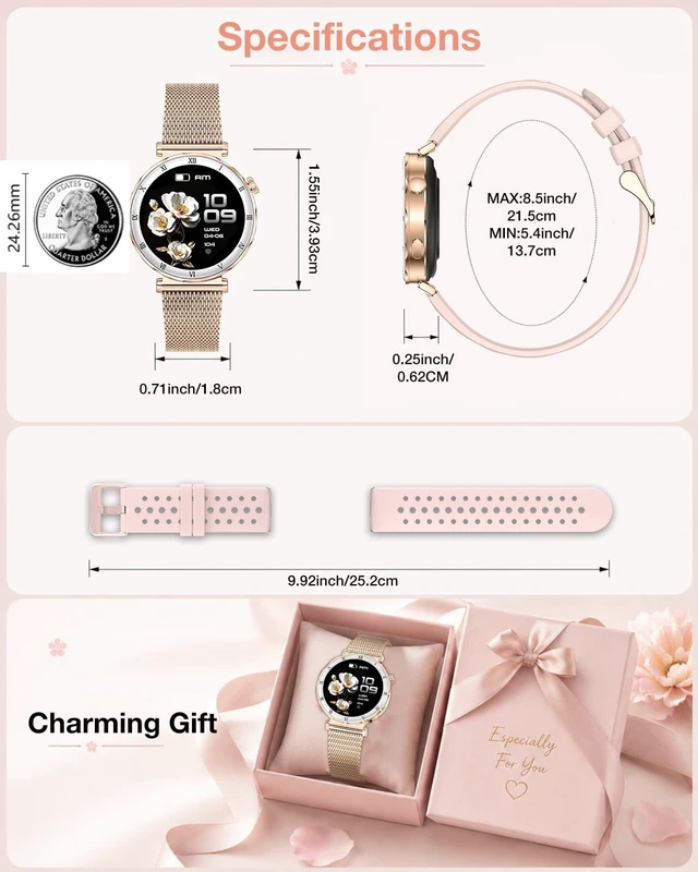 Alt view image 6 of 7 - Smart Watch for Women, 1.19" AMOLED Display, Fitness Tracker, iOS/Android Bluetooth Call & Answer,130+Sports Modes with Heart Rate/Sleep Monitor,3ATM Waterproof with 3 Bands, Round rose gold Watch