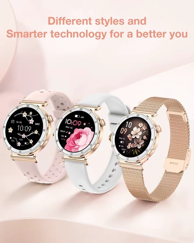 Alt view image 7 of 7 - Smart Watch for Women, 1.19" AMOLED Display, Fitness Tracker, iOS/Android Bluetooth Call & Answer,130+Sports Modes with Heart Rate/Sleep Monitor,3ATM Waterproof with 3 Bands, Round rose gold Watch