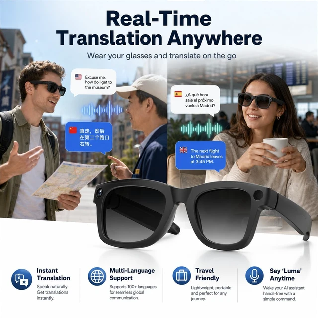 Alt view image 2 of 7 - Men Women Teens AI Smart Glasses with HD Camera, Bluetooth Call&Music, Video Recording, Livestreaming, Real-Time Translation, Object Recognition, ChatGPT Voice Assistant, Replaceable Sunglasses Lenses