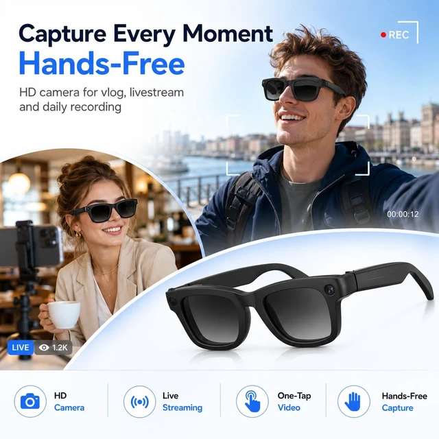 Alt view image 3 of 7 - Men Women Teens AI Smart Glasses with HD Camera, Bluetooth Call&Music, Video Recording, Livestreaming, Real-Time Translation, Object Recognition, ChatGPT Voice Assistant, Replaceable Sunglasses Lenses