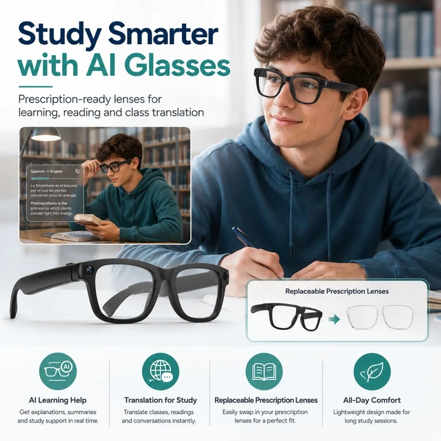 Alt view image 6 of 7 - Men Women Teens AI Smart Glasses with HD Camera, Bluetooth Call&Music, Video Recording, Livestreaming, Real-Time Translation, Object Recognition, ChatGPT Voice Assistant, Replaceable Sunglasses Lenses