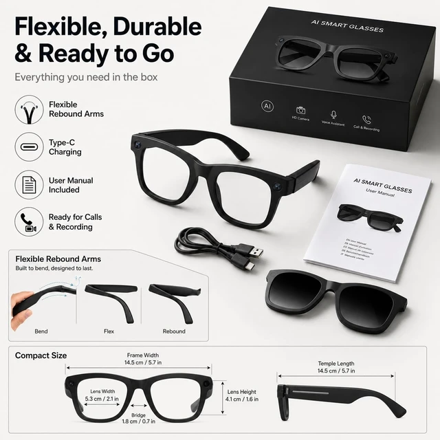Alt view image 7 of 7 - Men Women Teens AI Smart Glasses with HD Camera, Bluetooth Call&Music, Video Recording, Livestreaming, Real-Time Translation, Object Recognition, ChatGPT Voice Assistant, Replaceable Sunglasses Lenses