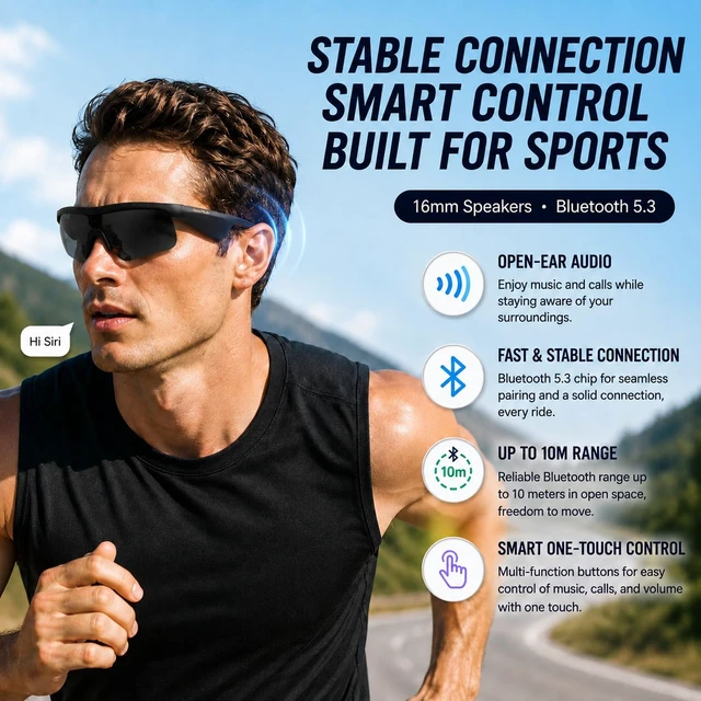 Alt view image 3 of 7 - Bluetooth Sunglasses, Polarized UV400 Open-Ear Audio Glasses Smart Glasses, 8H Playtime, Hands-Free Calls, Music & Voice Control, 52g Lightweight TR90 Frame, IPX5 Waterproof Sport Fit