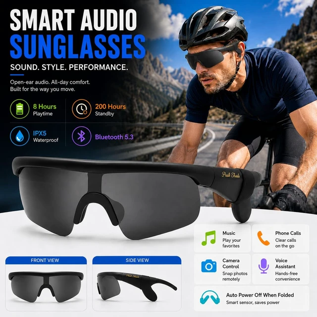 Alt view image 2 of 7 - Bluetooth Sunglasses, Polarized UV400 Open-Ear Audio Glasses Smart Glasses, 8H Playtime, Hands-Free Calls, Music & Voice Control, 52g Lightweight TR90 Frame, IPX5 Waterproof Sport Fit