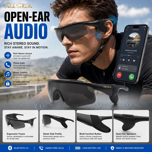 Alt view image 4 of 7 - Bluetooth Sunglasses, Polarized UV400 Open-Ear Audio Glasses Smart Glasses, 8H Playtime, Hands-Free Calls, Music & Voice Control, 52g Lightweight TR90 Frame, IPX5 Waterproof Sport Fit