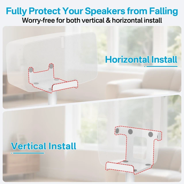 Alt view image 4 of 6 - Height Adjustable Speaker Stand for Sonos Five & Play 5 Speaker Support Vertical & Horizontal - Heavy-Duty Floor Stand for Sonos Play 5 Gen 2 and Sonos Five with Cable Management, White