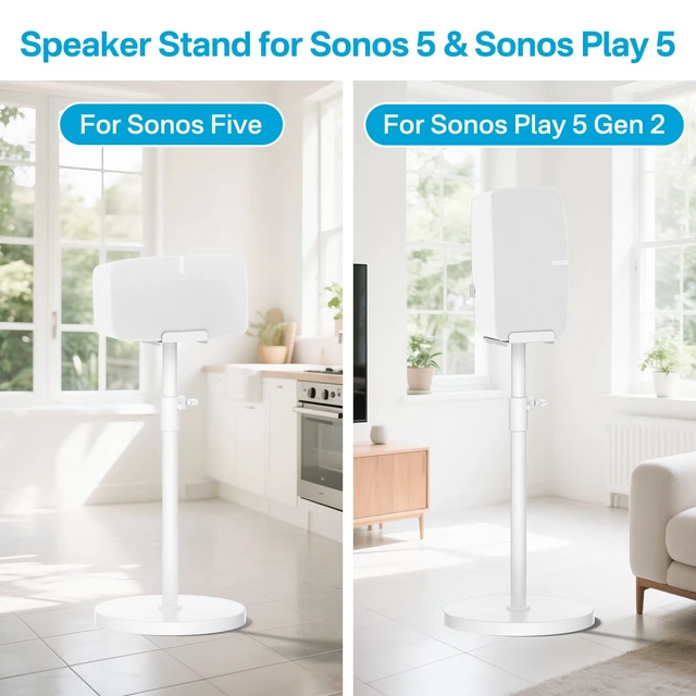 Alt view image 2 of 6 - Height Adjustable Speaker Stand for Sonos Five & Play 5 Speaker Support Vertical & Horizontal - Heavy-Duty Floor Stand for Sonos Play 5 Gen 2 and Sonos Five with Cable Management, White