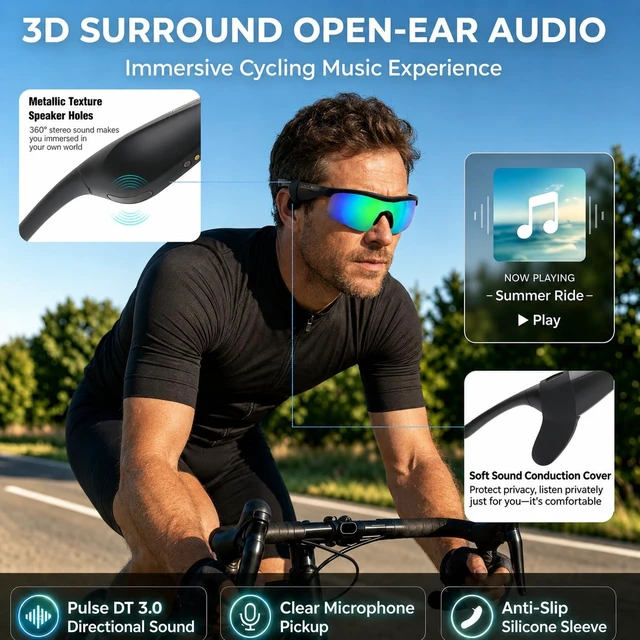 Alt view image 2 of 7 - Bluetooth Sunglasses, Polarized UV400 Open-Ear Audio Glasses Smart Glasses, 8H Playtime, Hands-Free Calls, Music & Voice Control, 52g Lightweight TR90 Frame, IPX5 Waterproof Sport Fit