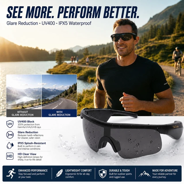 Alt view image 6 of 7 - Bluetooth Sunglasses, Polarized UV400 Open-Ear Audio Glasses Smart Glasses, 8H Playtime, Hands-Free Calls, Music & Voice Control, 52g Lightweight TR90 Frame, IPX5 Waterproof Sport Fit