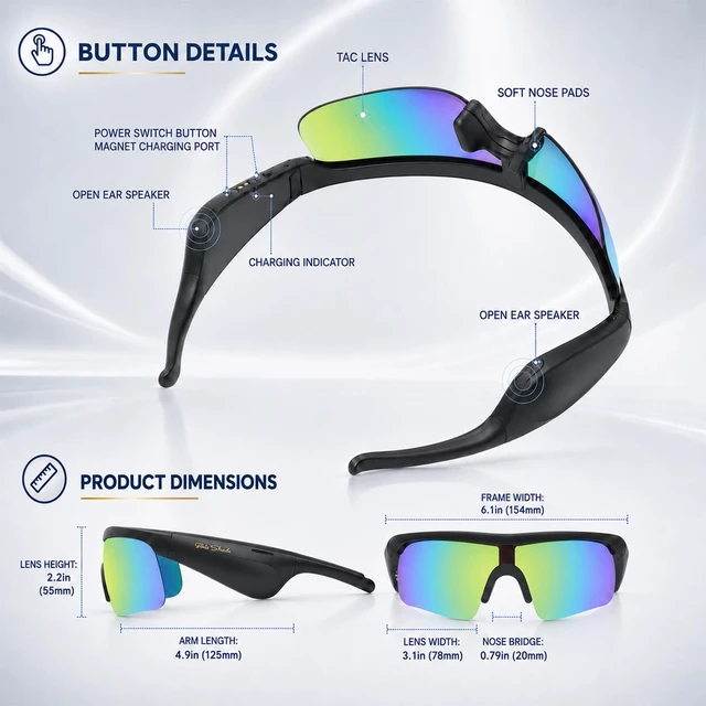 Alt view image 6 of 7 - Bluetooth Sunglasses, Polarized UV400 Open-Ear Audio Glasses Smart Glasses, 8H Playtime, Hands-Free Calls, Music & Voice Control, 52g Lightweight TR90 Frame, IPX5 Waterproof Sport Fit