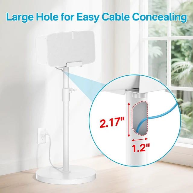 Alt view image 5 of 6 - Height Adjustable Speaker Stand for Sonos Five & Play 5 Speaker Support Vertical & Horizontal - Heavy-Duty Floor Stand for Sonos Play 5 Gen 2 and Sonos Five with Cable Management, White