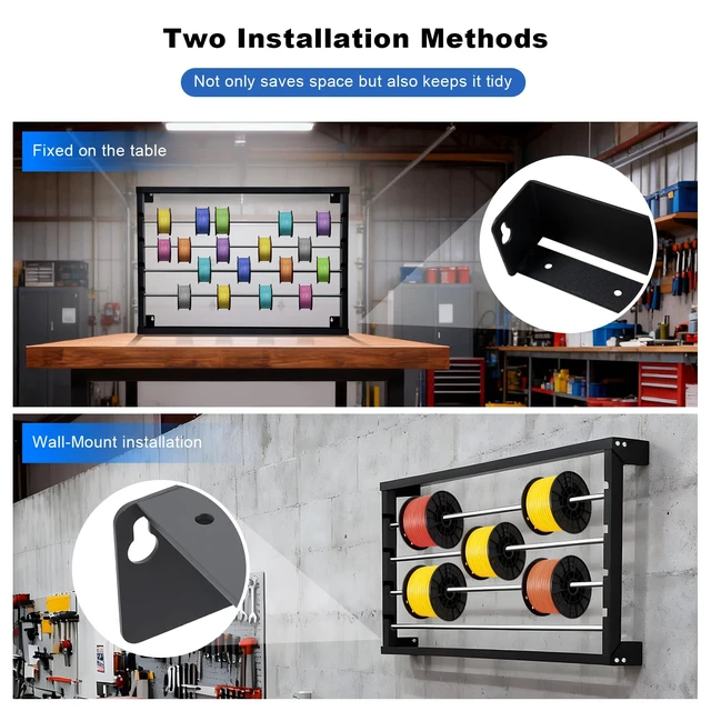 Alt view image 2 of 7 - Wire Spool Rack, Heavy Duty Cold-Rolled Steel Cable Dispenser 4 Adjustable Rods, Wall Mount or Desk Wire Spool Rack Holder for Industrial, Electrical, and Retail Storage and Display