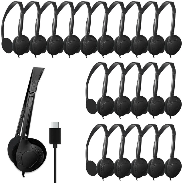 Main image of USB-C Headphones, 25-Pack, Black Bulk Pack, Suitable for Classroom & School, For Children & Teenagers, Compatible with Pad & Smartphones