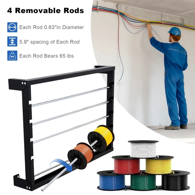 Alt view image 3 of 7 - Wire Spool Rack, Heavy Duty Cold-Rolled Steel Cable Dispenser 4 Adjustable Rods, Wall Mount or Desk Wire Spool Rack Holder for Industrial, Electrical, and Retail Storage and Display