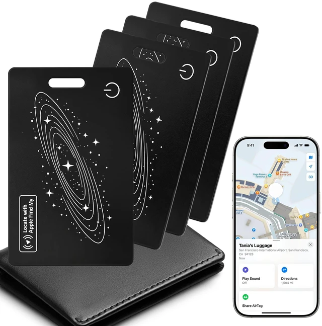 Main image of Smart Wallet Tracker Card (iOS Only) - Item Finder for Luggage, Keys & Passport Compatible with Apple Find MySlim, Rechargeable & IP68 Waterproof (4 Black)