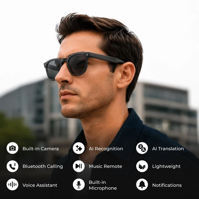 Alt view image 2 of 7 - Aura Pro AI Smart Glasses with 1080p Camera, Bluetooth Audio Sunglasses, Open-Ear Speakers, AI Translation, Object Recognition, Blue Light & UV Protection, 7-Hour Battery