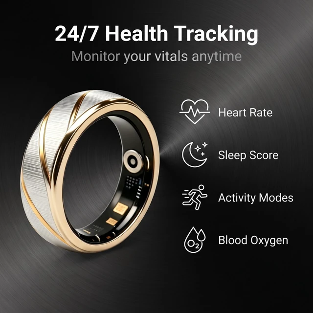 Alt view image 3 of 7 - Smart Ring for Women Men Health Monitor Fitness Tracker, Gold, 8# Hear Rate/Blood Oxygen/HRV/Stress/Women Cycle/Workouts Tracker IPX8 Waterproof Slim No Subscription Fee with Charging Case