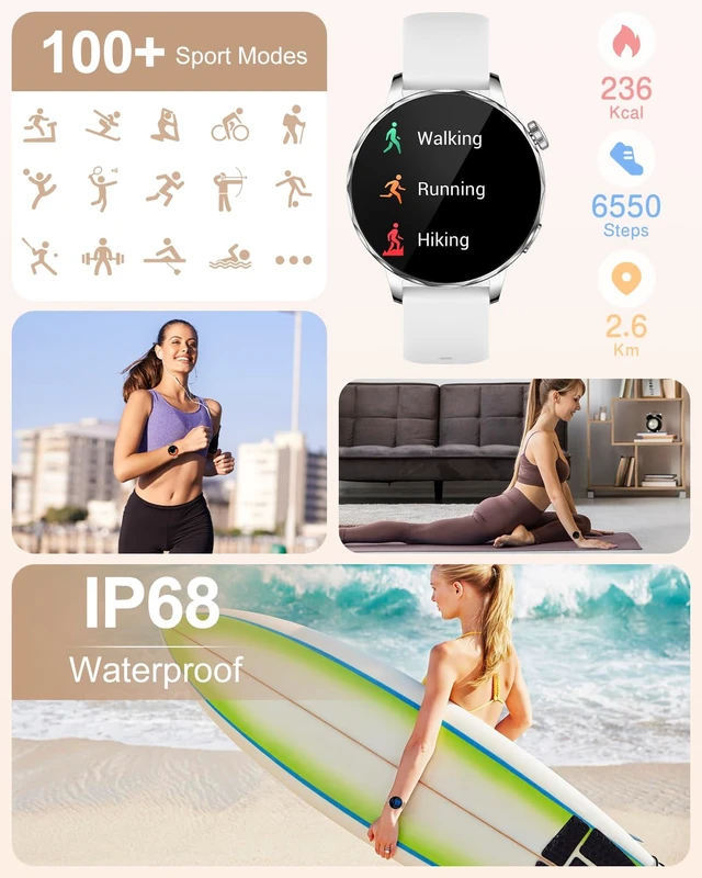 Alt view image 2 of 7 - Smart Watch for Women, 1.27 Inch HD Touchscreen, Bluetooth Calling, Heart Rate & Sleep Tracking, 100+ Sports Modes, IP68 Waterproof Fitness Tracker for Android & iPhone