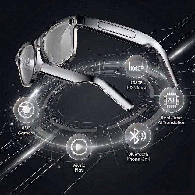 Alt view image 2 of 7 - Smart Glasses with Camera and Bluetooth, 8MP Camera Sunglasses with Photochromic Lens, AI Real Time Translation & Object Recognition Music & Calls Bluetooth Glasses for Men Women