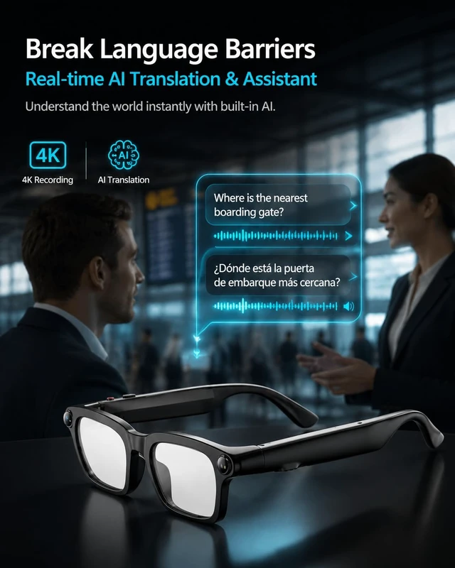 Alt view image 3 of 7 - AI Smart Glasses with Camera, AI Voice Assistant with ChatGPT 4K HD Video Recording Glasses, Real-Time TranslationBluetooth 5.4 SunglassesIP65 Waterproof Smart Glasses for Travel Daily