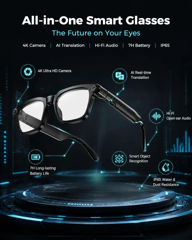 Alt view image 7 of 7 - AI Smart Glasses with Camera, AI Voice Assistant with ChatGPT 4K HD Video Recording Glasses, Real-Time TranslationBluetooth 5.4 SunglassesIP65 Waterproof Smart Glasses for Travel Daily