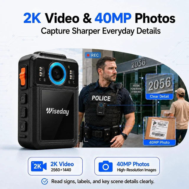 Alt view image 2 of 7 - 2K Police Body Camera, 128GB, 40MP Night Vision Security Camera Body Camera with Audio and Video Recording for Law Enforcement,Waterproof,11H Battery,2-Inch Screen with Data Encrypt
