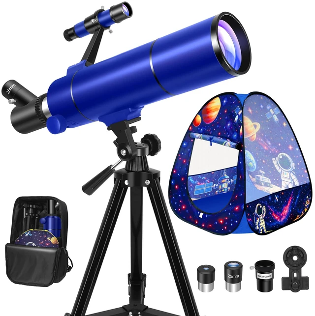 Main image of 80mm Telescope for Kids 8-12 & Adults with Pop-Up Space Tent Set Portable Telescopes for Travel, 500mm Refractor Telescope for Adults & Beginners with Tripod, Phone Adapter & Backpack - Blue