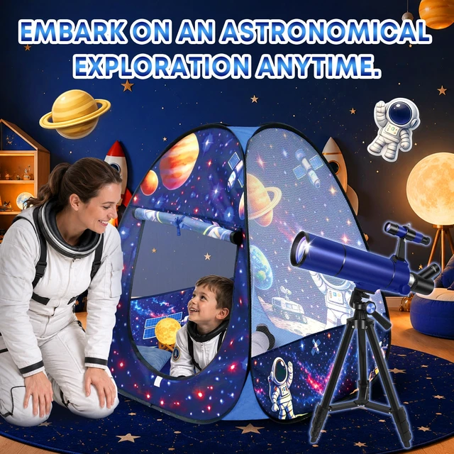 Alt view image 2 of 7 - 80mm Telescope for Kids 8-12 & Adults with Pop-Up Space Tent Set Portable Telescopes for Travel, 500mm Refractor Telescope for Adults & Beginners with Tripod, Phone Adapter & Backpack - Blue