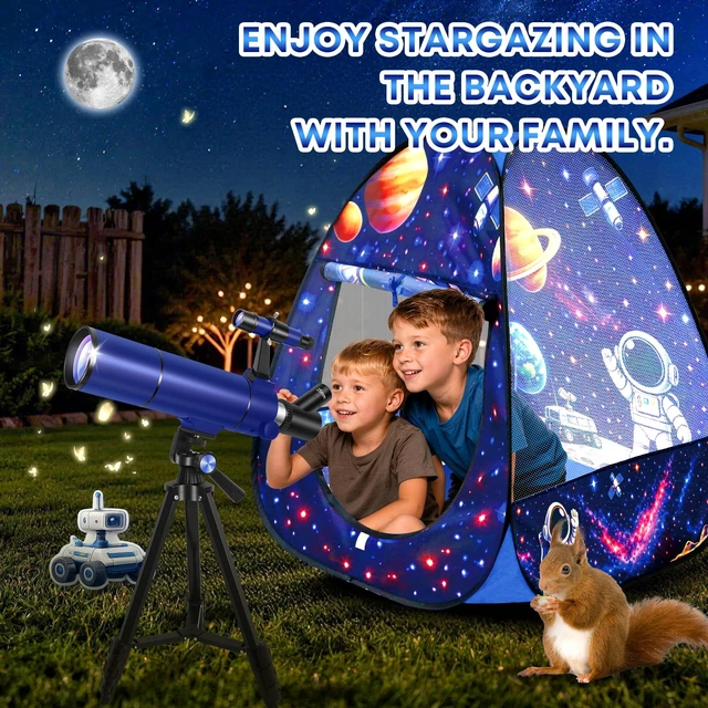 Alt view image 4 of 7 - 80mm Telescope for Kids 8-12 & Adults with Pop-Up Space Tent Set Portable Telescopes for Travel, 500mm Refractor Telescope for Adults & Beginners with Tripod, Phone Adapter & Backpack - Blue
