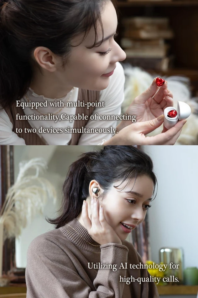 Alt view image 7 of 7 - TE-I3 Cute Heart-Shaped Wireless Earbuds for Small Ears with Clear Hard Case, Bluetooth 5.3, Up to 23 Hours Playtime, IPX4 Waterproof, Multipoint Connection, Ambient Sound, Bulid in Mic (Red)