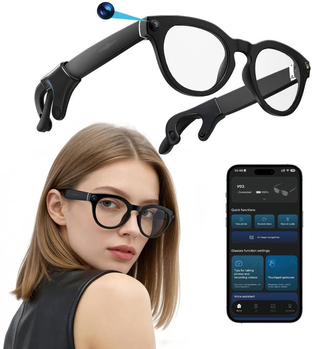 Main image of J AI Smart Glasses with Camera 8MP 1080P HD Video Recording,Lightweight Open-Ear Bluetooth Audio, AI Assistant & Real-Time Translation,Stylish Smart Glasses for Women, Black