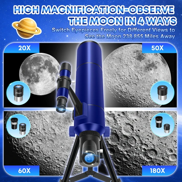 Alt view image 5 of 7 - 80mm Telescope for Kids 8-12 & Adults with Pop-Up Space Tent Set Portable Telescopes for Travel, 500mm Refractor Telescope for Adults & Beginners with Tripod, Phone Adapter & Backpack - Blue