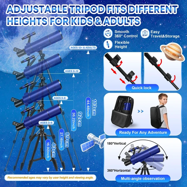 Alt view image 6 of 7 - 80mm Telescope for Kids 8-12 & Adults with Pop-Up Space Tent Set Portable Telescopes for Travel, 500mm Refractor Telescope for Adults & Beginners with Tripod, Phone Adapter & Backpack - Blue