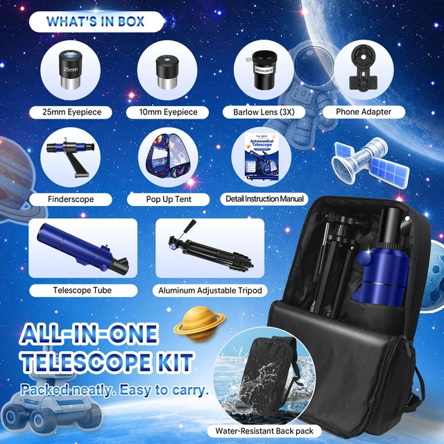 Alt view image 7 of 7 - 80mm Telescope for Kids 8-12 & Adults with Pop-Up Space Tent Set Portable Telescopes for Travel, 500mm Refractor Telescope for Adults & Beginners with Tripod, Phone Adapter & Backpack - Blue