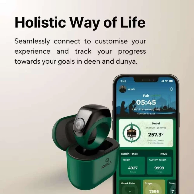 Alt view image 3 of 5 - Zikr Ring Smart Tasbih Counter with Charging Case - Bluetooth Prayer Reminder, OLED Display, 3 Sizes (18/20/22mm) for Muslims, Qibla Direction & 5 Times Prayer Alert (Green)