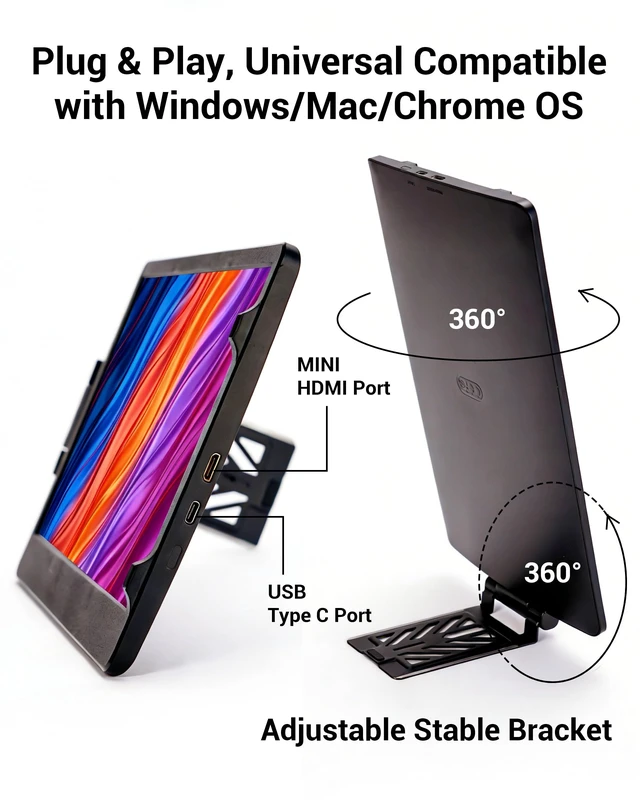 Alt view image 3 of 7 - Laptop Screen Extender, 11.6" HD Dual Screen Monitor for Laptop Portable 360° Rotation, Adjustable Stand, 1.2lbs Ultra-Slim LightweightPlug & Play, Mini HDMI/USB Type-C, Windows/Mac/Android