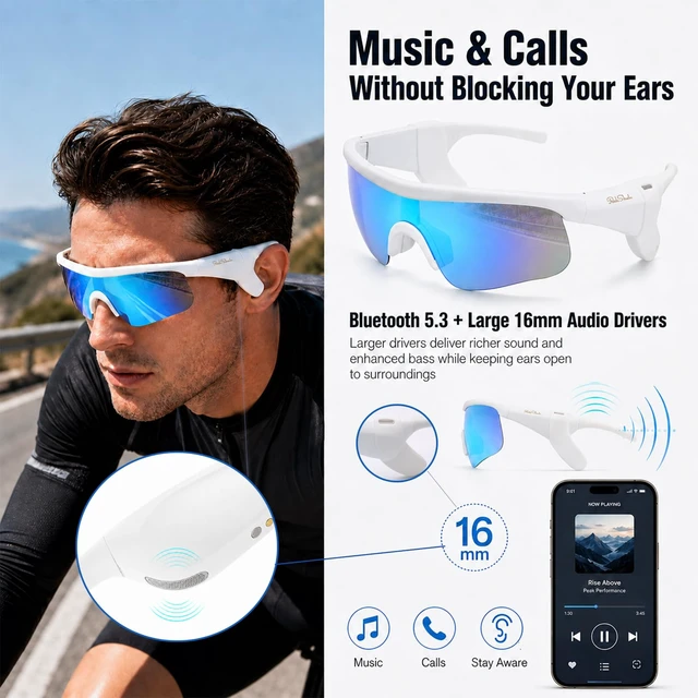 Alt view image 2 of 7 - Bluetooth Sunglasses, Polarized UV400 Open-Ear Audio Glasses Smart Glasses, 8H Playtime, Hands-Free Calls, Music & Voice Control, 52g Lightweight TR90 Frame, IPX5 Waterproof Sport Fit
