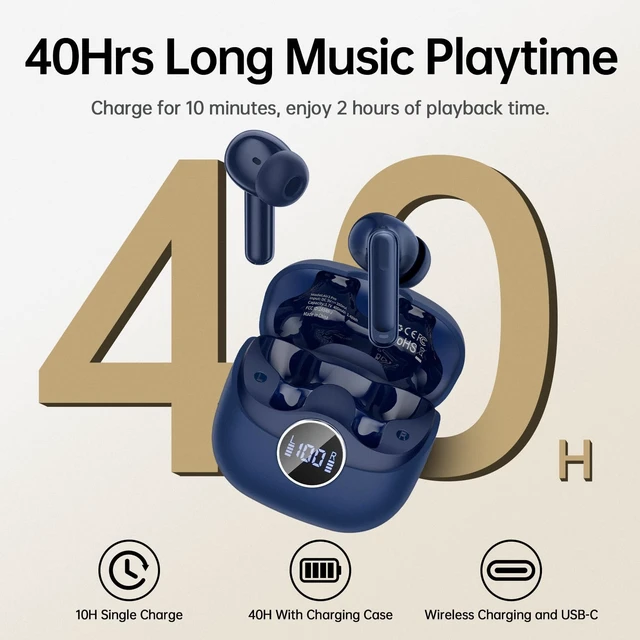 Alt view image 4 of 7 - Adaptive Hybrid Active Noise Canceling 2026 Wireless Earbuds, 6 Mics ENC Clear Call Ear Buds, Hi-Res Audio Deep Bass Bluetooth 5.4 Headphones, 40H Playtime, Wireless Charging, LED, USB-C, Blue
