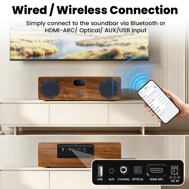 Alt view image 3 of 7 - 2.0 HDMI Soundbar for Smart TV - Bluetooth TV Speaker with Optical/Coaxial/AUX/USB - Wooden Stereo System with Remote Control