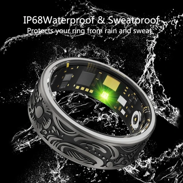 Alt view image 3 of 7 - Smart Ring - Fitness Tracker with Sleep Monitor, Pedometer & 20+ Exercise Modes, IP68 Waterproof, USB Rechargeable, Stainless Steel Retro-Fashion (Black) (13#22.3mm)