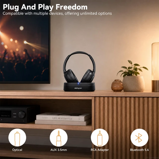 Alt view image 6 of 7 - Wireless Headphones for TV Watching, TV Headphones Wireless for Seniors with Transmitter Charging Base, Over Ear Bluetooth Headphones with No Audio Delay, Plug and Play, Gifts for Parents and Elderly