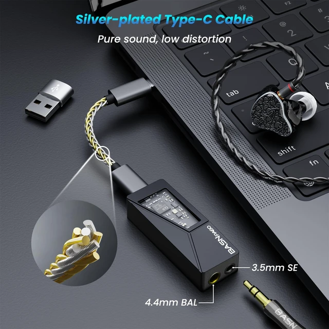 Alt view image 7 of 7 - PA60 Portable USB-C Headphone Amplifier,Mini Decoder DAC Dongle,Black ESS ES9039Q2M in Ear Monitor AMP, Support PCM32bit/768kHz DSD512 with 3.5mm and 4.4mm Balanced Output for Phone/Music Player