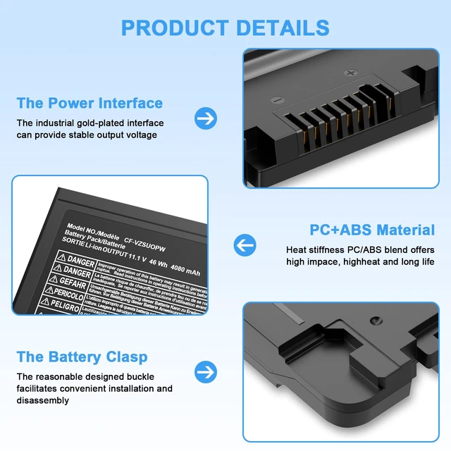 Alt view image 3 of 7 - 11.1V 46Wh Battery Replacement for PANASONIC TOUGHBOOK Compatible with CF-VZSU0PW CF-VZSU0PR Battery CF54 CF-54 Mk1 Series 54 Gloved Multi Touch 54 Prime