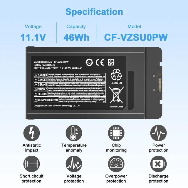 Alt view image 2 of 7 - 11.1V 46Wh Battery Replacement for PANASONIC TOUGHBOOK Compatible with CF-VZSU0PW CF-VZSU0PR Battery CF54 CF-54 Mk1 Series 54 Gloved Multi Touch 54 Prime